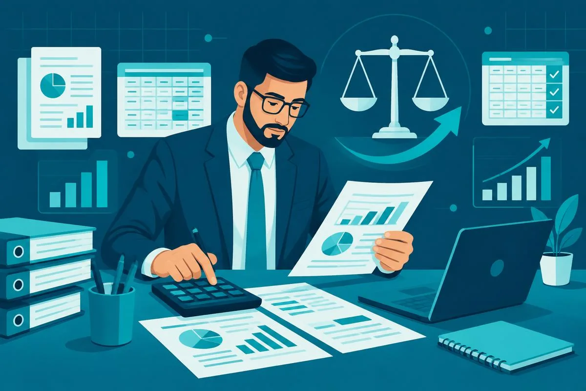 Ilustração editorial de análise tributária com documentos, gráficos e balança em azul petróleo e turquesa