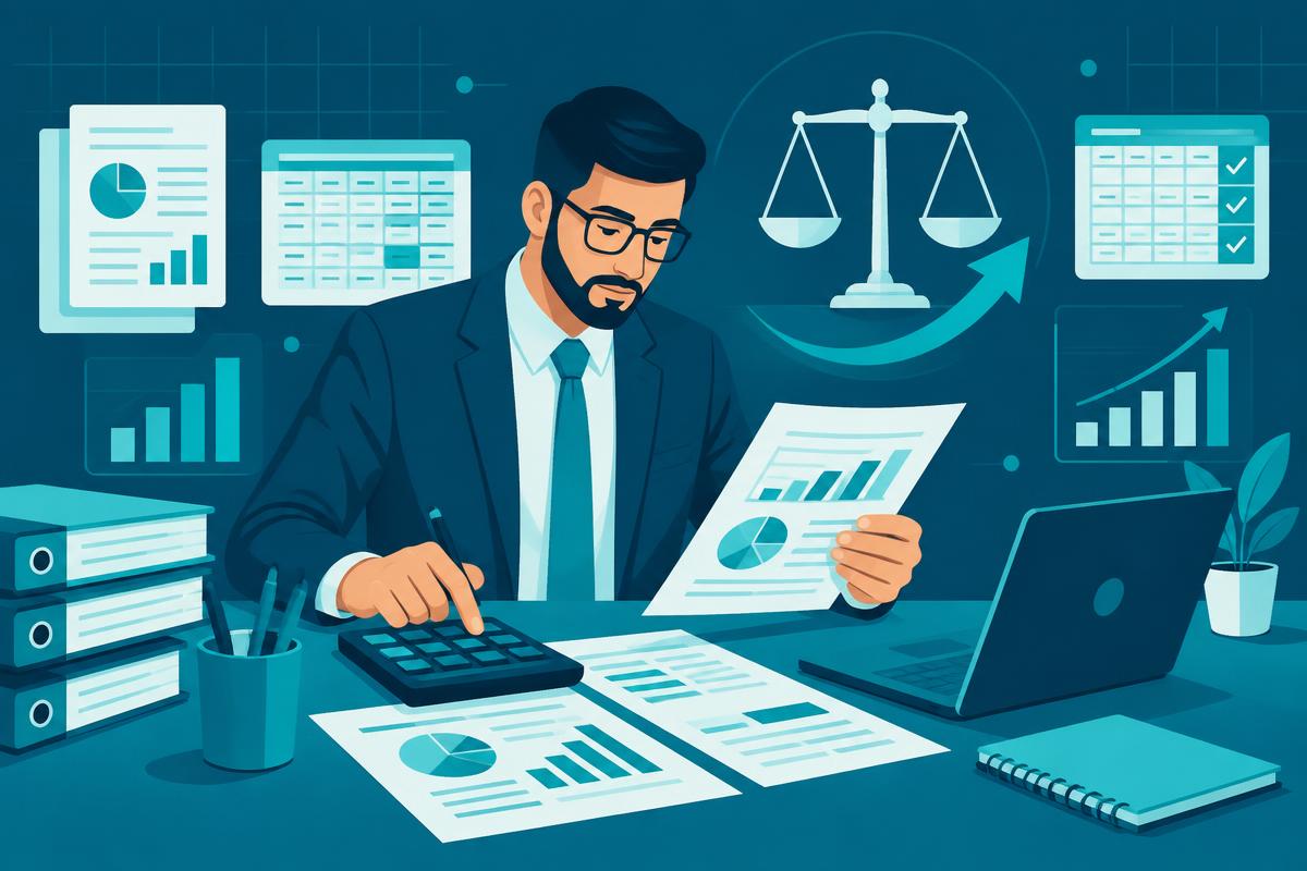 Ilustração editorial de análise tributária com documentos, gráficos e balança em azul petróleo e turquesa